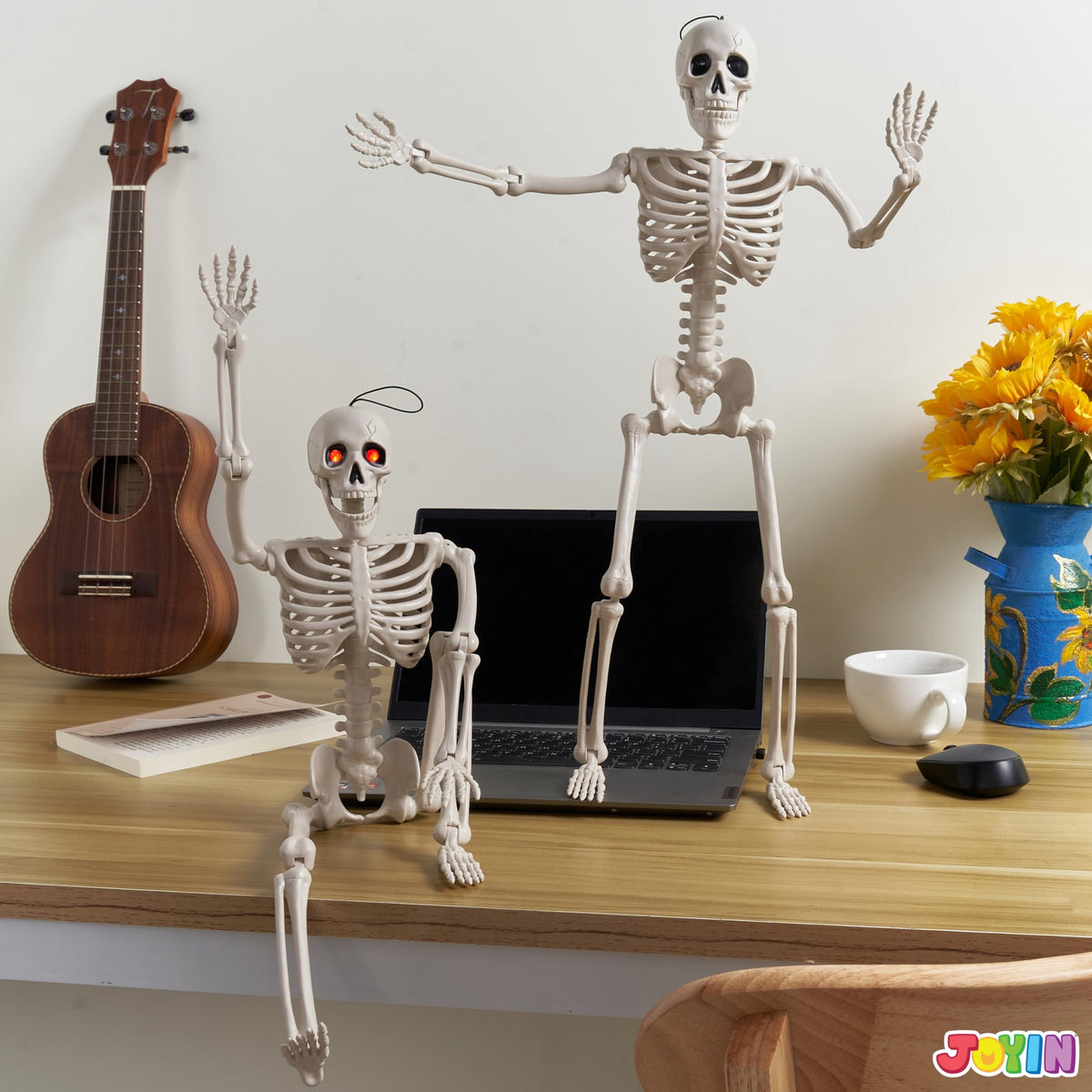 Joyfy 2 Pcs 24 Inch Halloween Skeleton Decor,2 FT Posable Skeleton Halloween Prop for Haunted House Indoor Outdoor Decoration Spooky Decor,Full Body with Movable Joints for Halloween Decoration