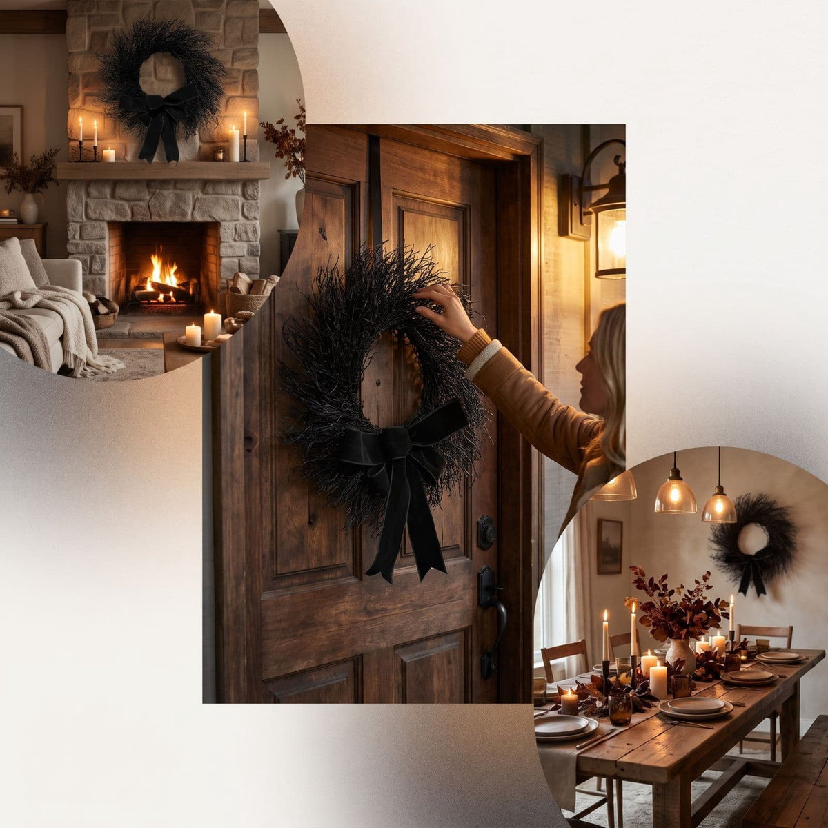 Black Halloween Wreath for Front Door, 16 Inch Twig Wreath with Velvet Bow, Gothic Fall Farmhouse Decorative Wreath for Porch Mantel Entryway Home Decor