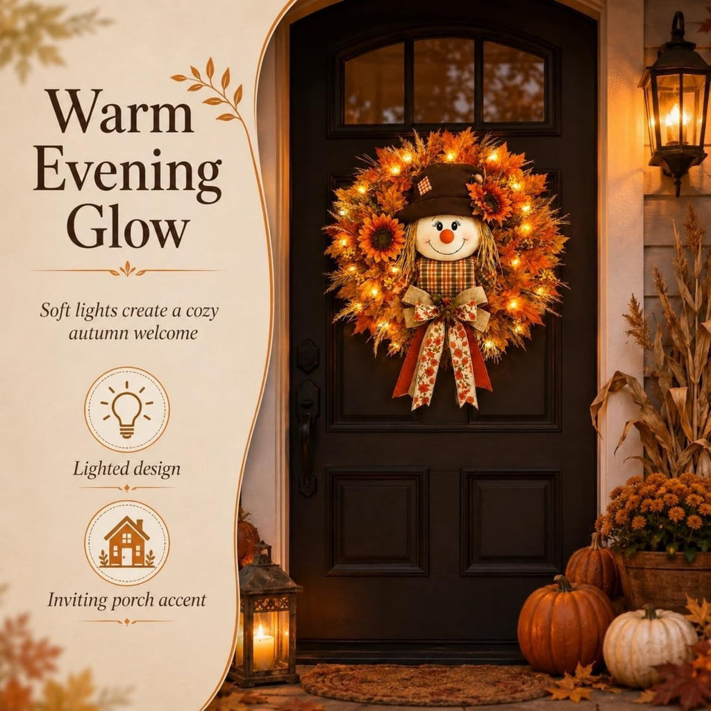 Lighted Scarecrow Halloween Fall Wreath for Front Door, Autumn Harvest Decor, Sunflower Maple Wreath, Warm LED and Farmhouse Burlap Bow & Leaf