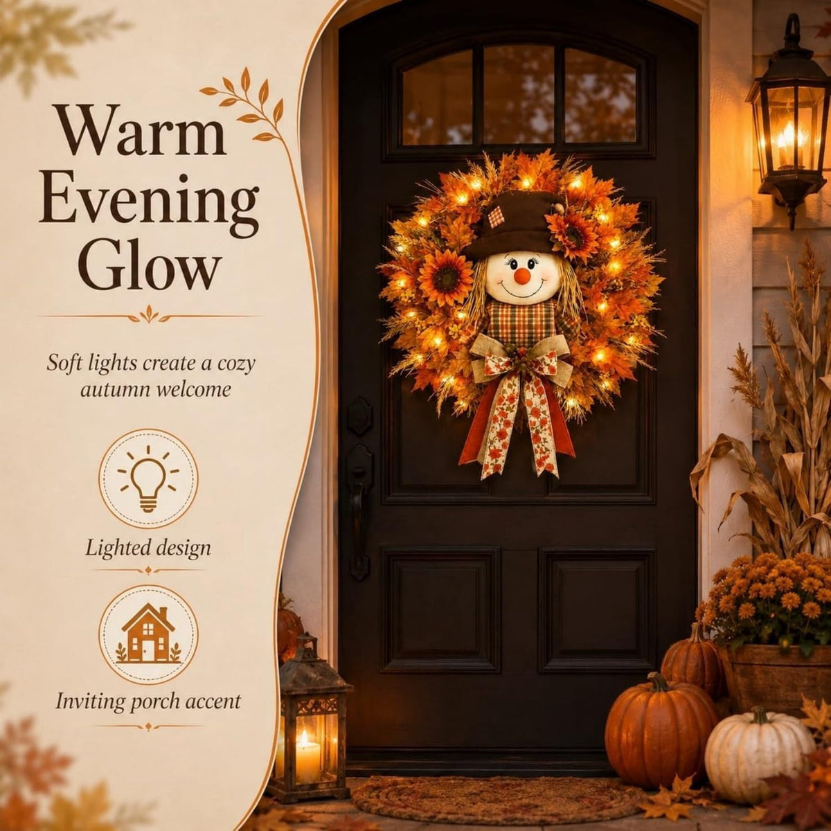 Lighted Scarecrow Halloween Fall Wreath for Front Door, Autumn Harvest Decor, Sunflower Maple Wreath, Warm LED and Farmhouse Burlap Bow & Leaf