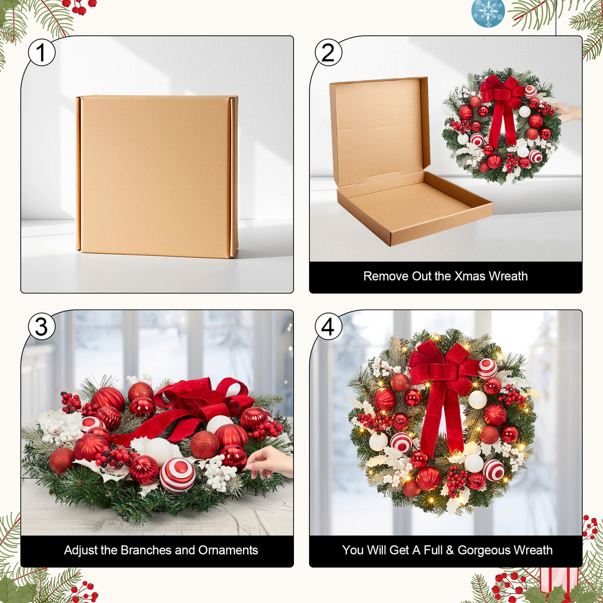 JoanKaren 24 inch Large Christmas Wreath Silver White with 20 LED Lights,Prelit Xmas Wreath w/ Ball Ornaments Pine Cone