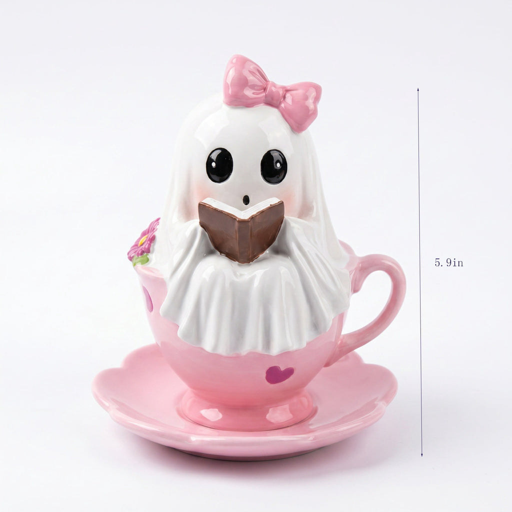 Halloween Ghost Figurine, Ghost Girl with Pink Bow & Hot Drink, Funny Ghost Statue Halloween Decor for Gift, Cute Spooky Tabletop Ornament for Home, Mantle, Desk & Party Decoration