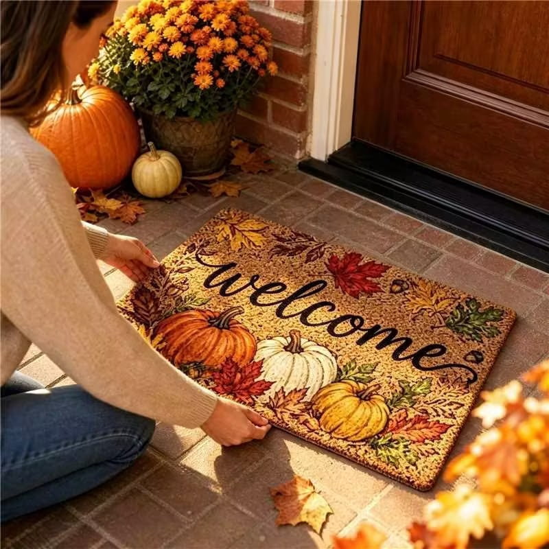 Fall Thanksgiving Welcome Doormat with Pumpkin Maple Leaf Design 15.75 x 23.62 Inch Crystal Velvet Seasonal Rug for Entryway Kitchen Home Decor