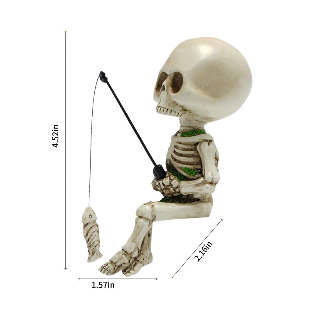 Oalirro Halloween Fishing Skeleton Resin Statue - 4.5in Realistic Hand-Painted Outdoor Garden Decor, Durable Pond Ornament for Yard, Porch, Horror Gift