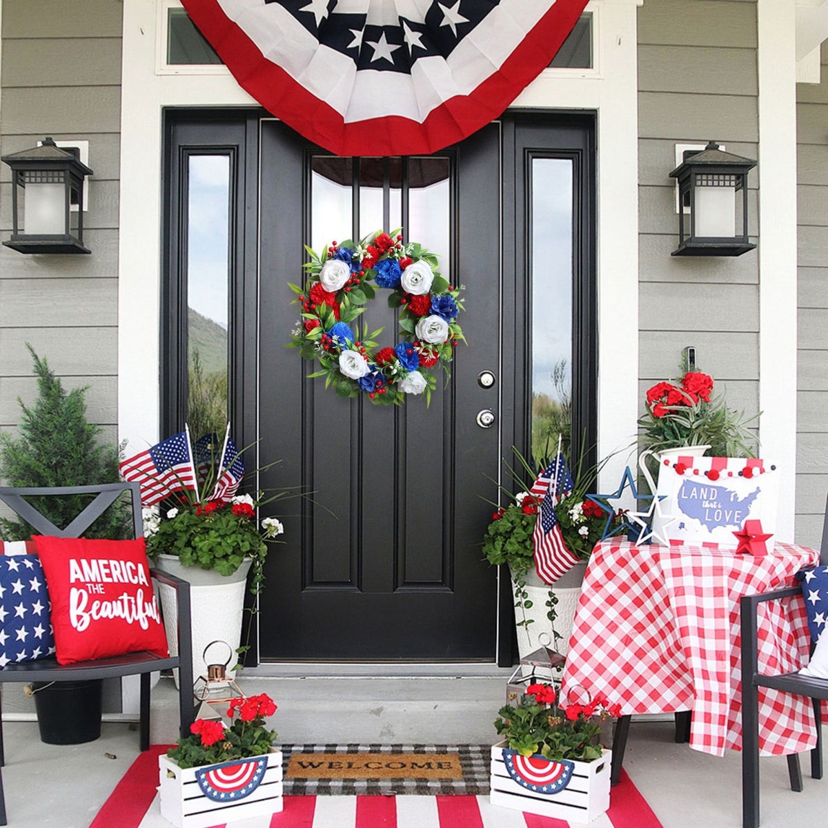 AZXY 20 Inch 4th of July Patriotic Wreath, Red White Blue Mesh Wreath with American Flag Star & Stripe Ribbons, Patriotic Americana Decor for Independence Day Memorial Day Front Door Indoor Outdoor