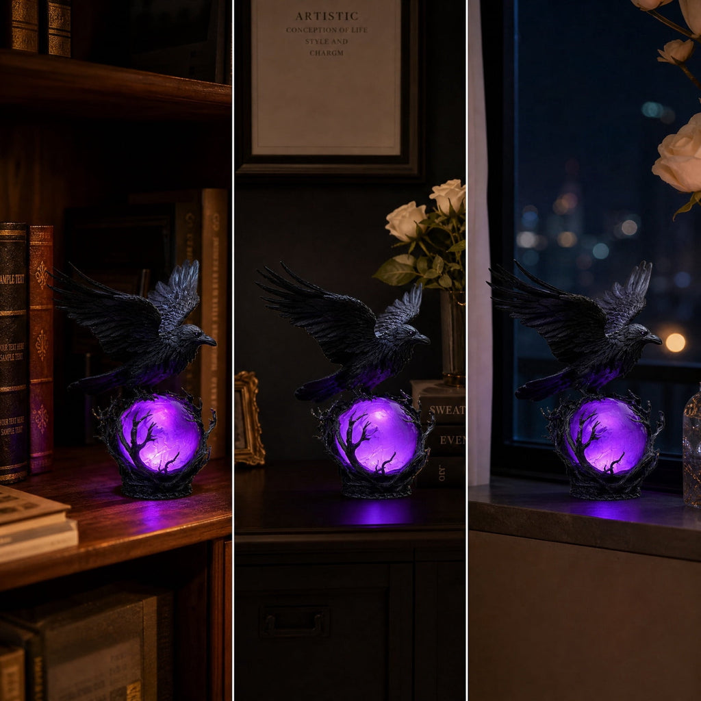 Gothic Mysterious Raven Lamp Light Sculpture, Resin Halloween Moonlight Luminous Crow Bird Led for Home Decor Gift, Bedroom Bedside, Living Room