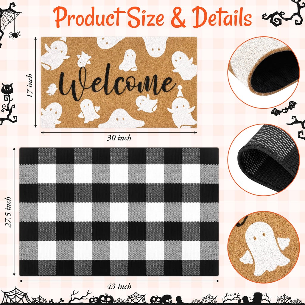 HiberyHom 2 Pcs Halloween Doormat Combo Set, 17" x 30" Ghost Halloween Welcome Doormat and 27" x 43" Black White Plaid Rug
