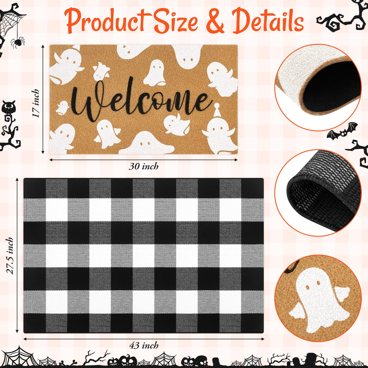 HiberyHom 2 Pcs Halloween Doormat Combo Set, 17" x 30" Ghost Halloween Welcome Doormat and 27" x 43" Black White Plaid Rug