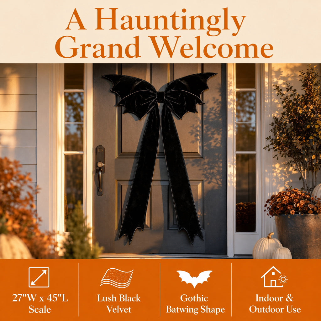 Halloween Decor, Black Bow, Giant Velvet Halloween Bow, Black Bat Wing Decor, Spooky Gothic Tree Topper for Front Door Wreath Suitable for Hanging on Doors and Fireplaces