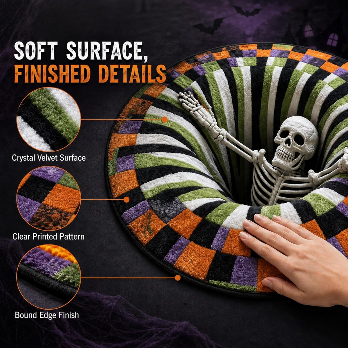 3D Halloween Rug, skeleton vortex quilted round Mat (#B,140 cm / 55.1 in) | 3D Candy Corn Abyss Quilted Round Mat with Spooky Depth Design Crystal Velvet Soft & Durable Fabric Non-slip