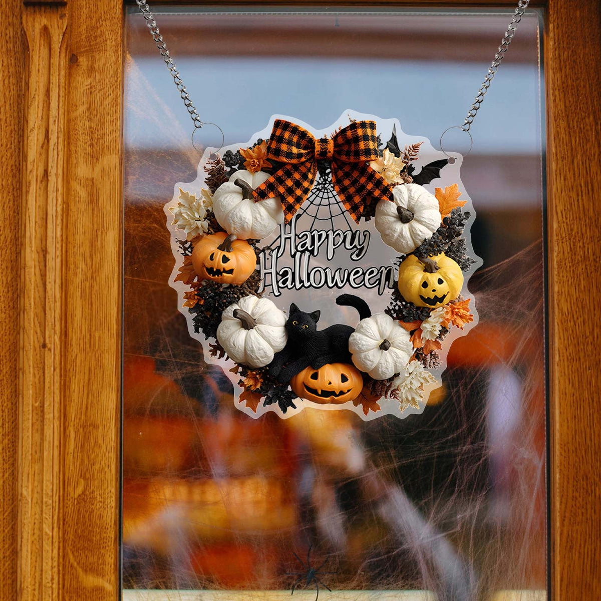 Btomtd Diameter 8" Pumpkin Skull Wreath Halloween Decor Acrylic Round Disk Hanging Ornament with Garland for Front Door Window, B