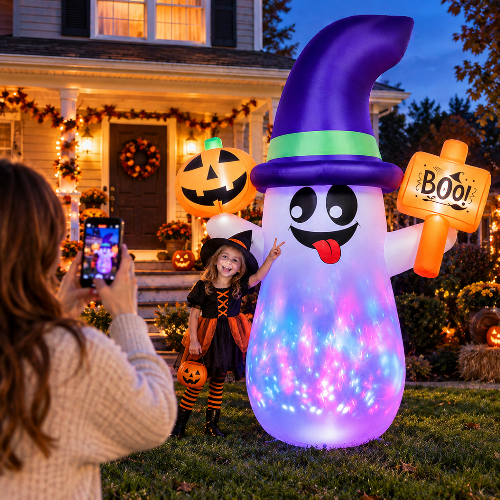 5ft Halloween Inflatable Ghost with Rotating Colorful LED Lights, Blow Up Ghost with Pumpkin & Boo Sign, Outdoor Halloween Yard Decoration for Lawn, Porch, Front Yard