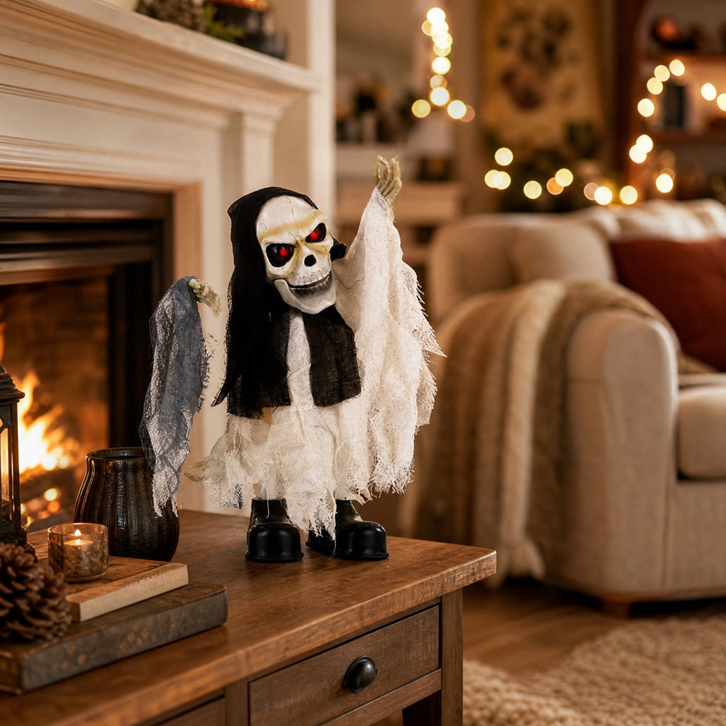 ShengapQ Halloween Animated Skeleton Ghost Decor, Scary Skull Prop, Glowing Red Eyes, Battery Operated Decoration for Party, Eerie Prank Decor for Indoor and Outdoor Events, Haunted House Ornament