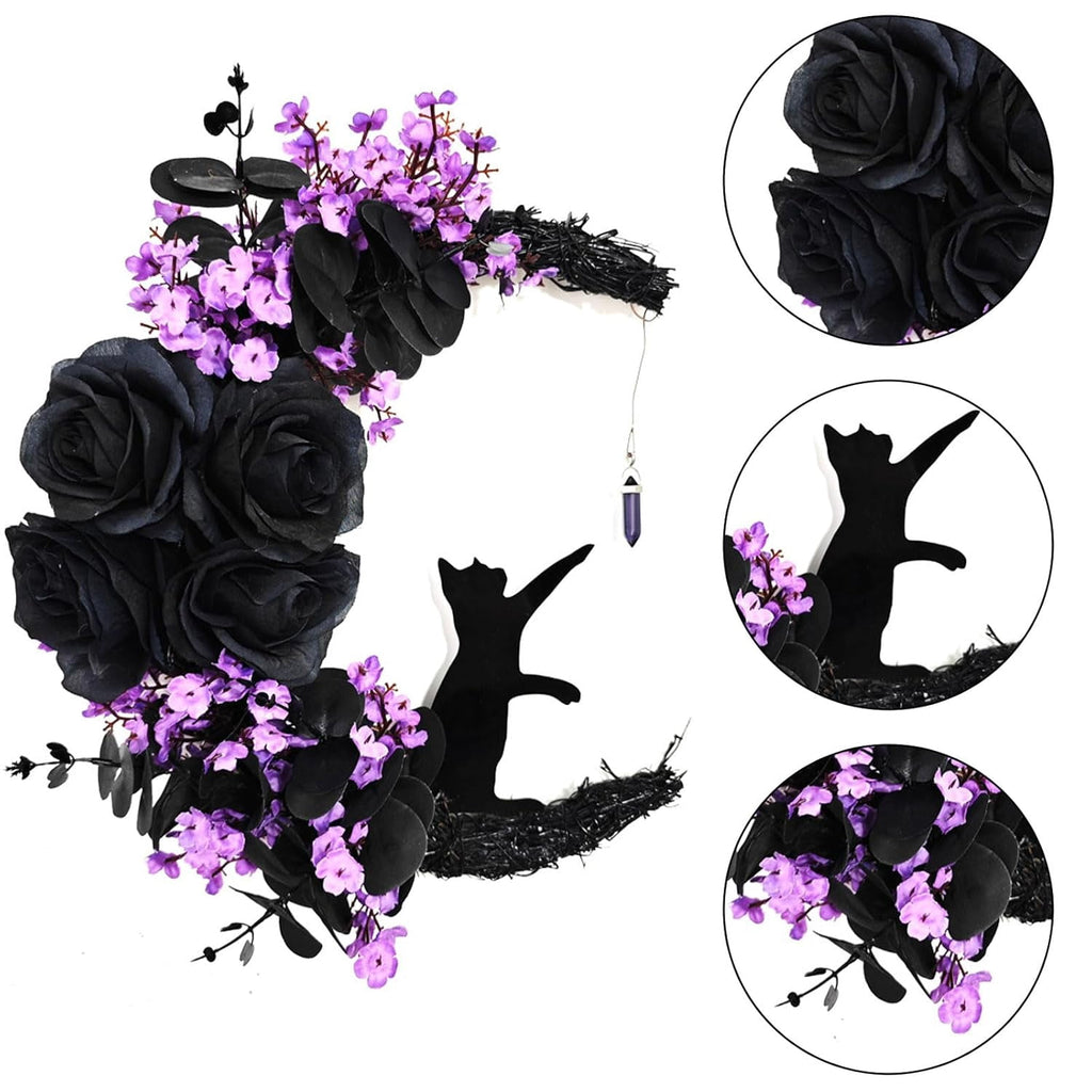 Halloween Moon Wreaths for Front Door, Black Cat on Moon Wreath Halloween Decor, Spooky Halloween Decorations Crescent Moon Wreath for Home Party Window Wall Indoor Outdoor
