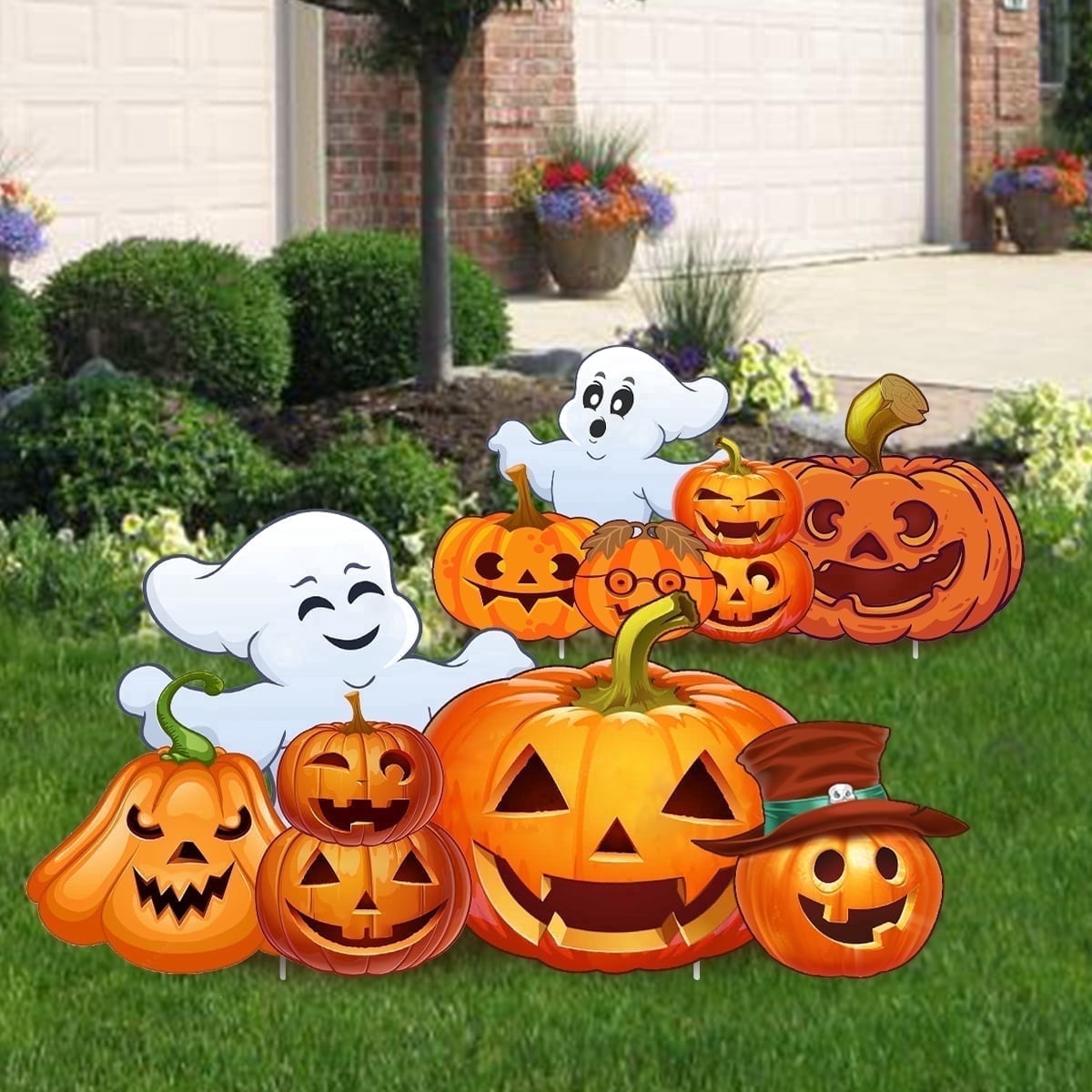 GameXcel Halloween Decorations Outdoor Yard Signs with Stakes, 34.8 in Tall Vertical Pumpkin and Ghost Decor, Weather-Resistant, 2 Count
