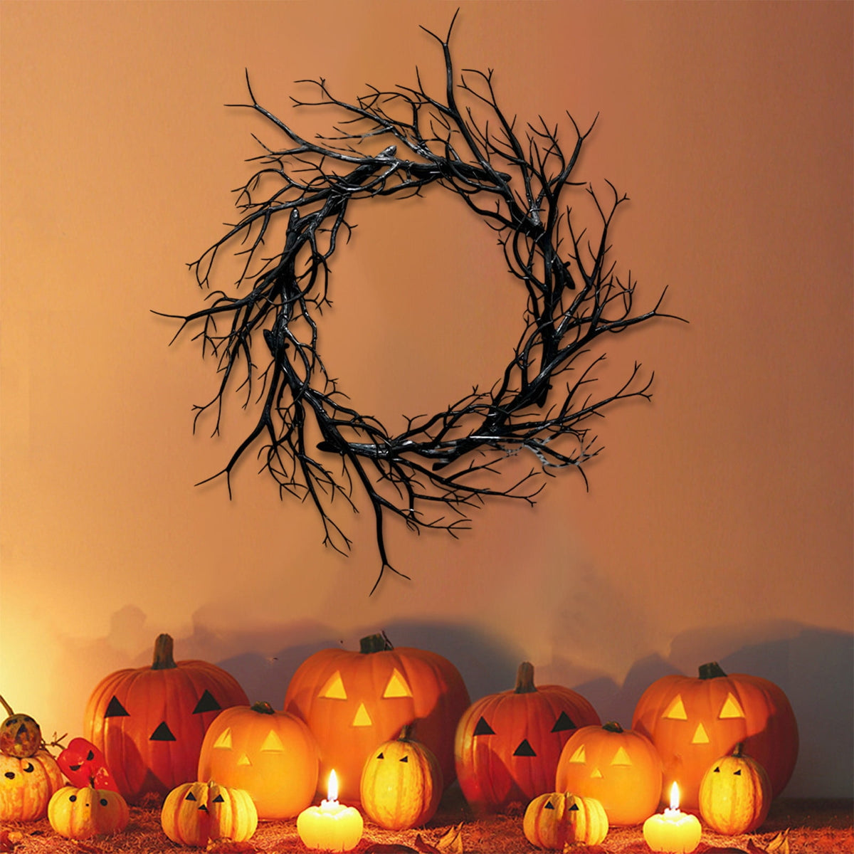 Boovnll Halloween Wreath, 18" Horror & Novelty Handmade Black Twig Glitter Bats Halloween Wreaths for Front Door Fireplace Wall Porch Party Decor, Halloween Decorations