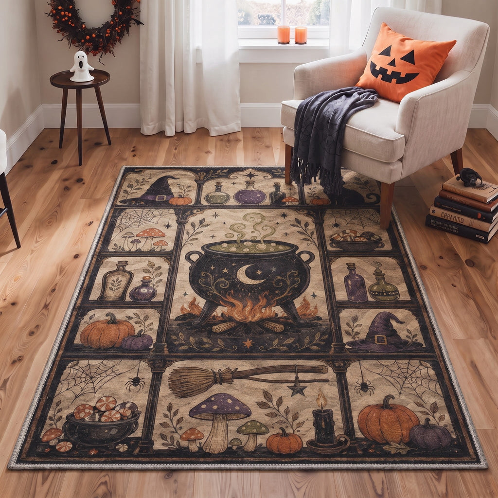GENIMO 5'x7' Halloween Area Rug for Living Room, Washable Non Slip Soft Vintage Pumpkin Indoor Rug for Bedroom Dining Room Home Office, Antique Moss