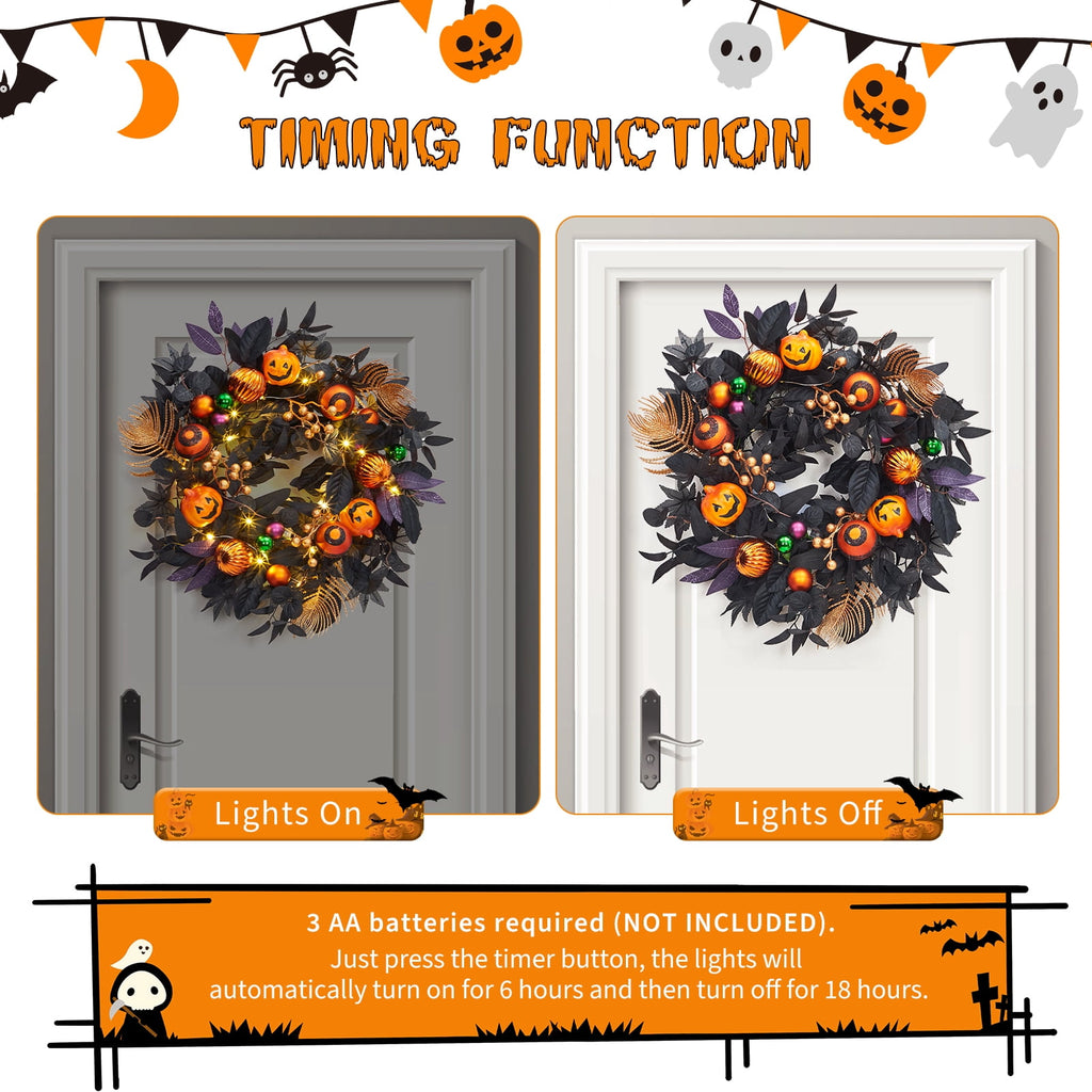 Halloween Wreath, Halloween Decorations Prelit Front Door Wreath for Indoor Wall Window Decor（18/20/22 Inch）