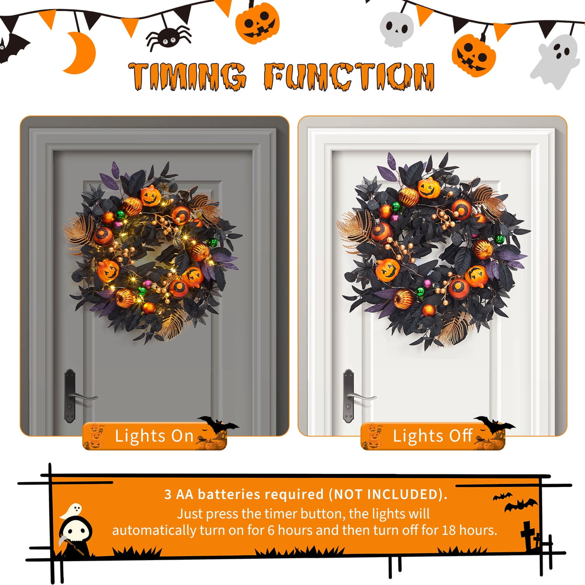 Halloween Wreath, Halloween Decorations Prelit Front Door Wreath for Indoor Wall Window Decor（18/20/22 Inch）