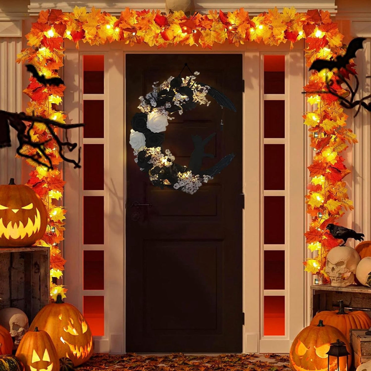 Halloween Wreaths For Front Door, Flower Moon Cat Halloween Home Decoration, Halloween Family Gathering Decoration Wreath，Outdoor, Wall, Closet, Fence, Wreath Halloween (Pink roses)