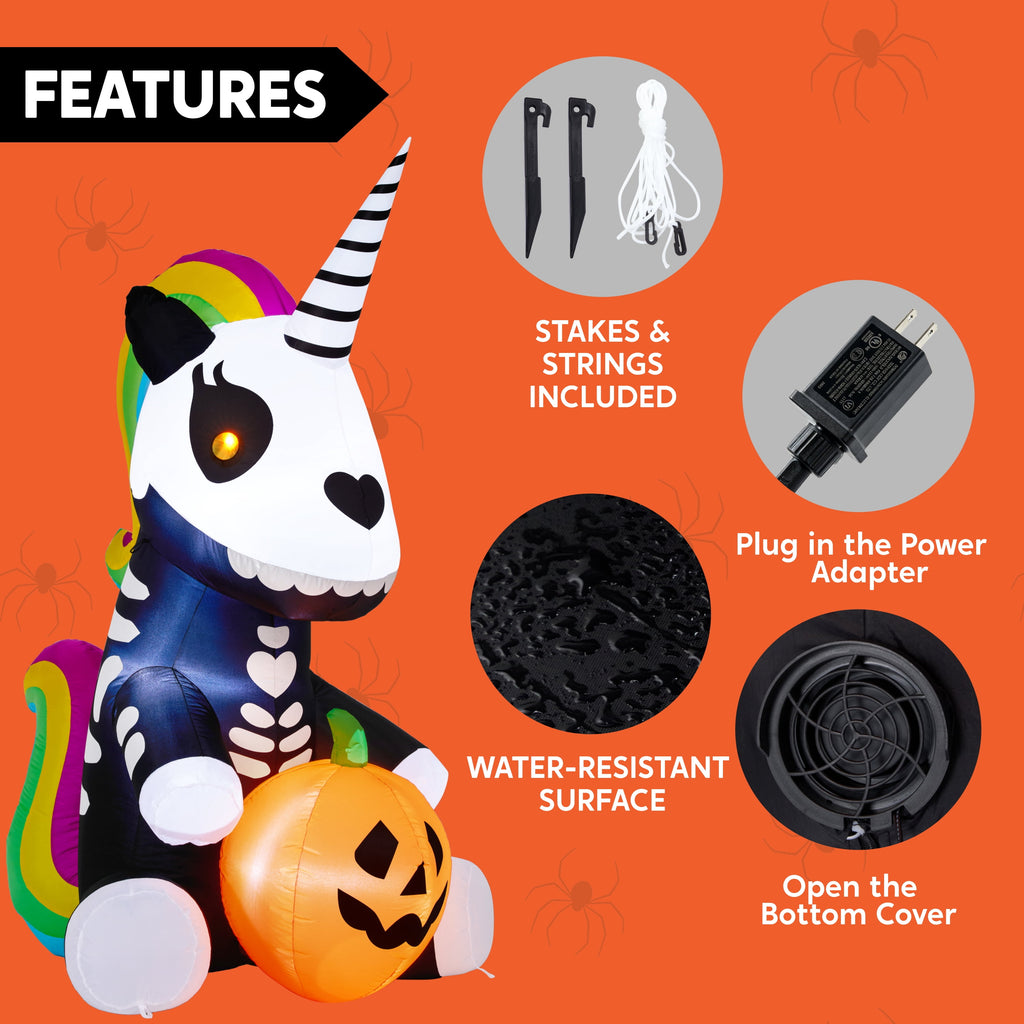 Joyfy 5 ft Halloween Inflatable Sitting Skeleton Unicorn with Build-in LEDs,Halloween Blow up Yard Decorations Outdoor Decorations