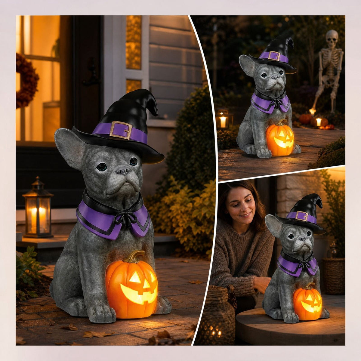 Clearance! Halloween Light‑Up Dog Figurine, 7.9in Scarecrow Dog Statue with Glowing Pumpkin, Waterproof Resin Table Yard Decor