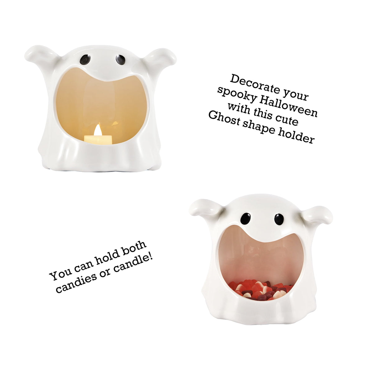 Bico White Ghost Ceramic Candy Bowl Holder with Large Opening, for Candy, Cookie, Candles, Halloween Decoration, Day of The Dead Decor