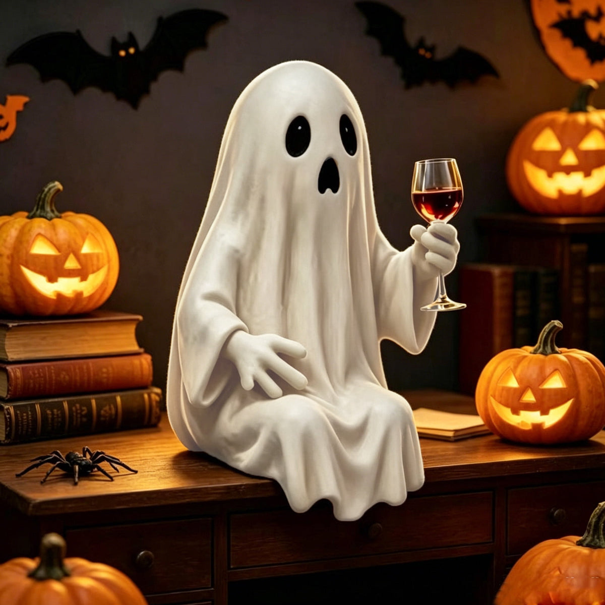Halloween Ghost Figurine, Ghost Girl with Pink Bow & Hot Drink, Funny Ghost Statue Halloween Decor for Gift, Cute Spooky Tabletop Ornament for Home, Mantle, Desk & Party Decoration