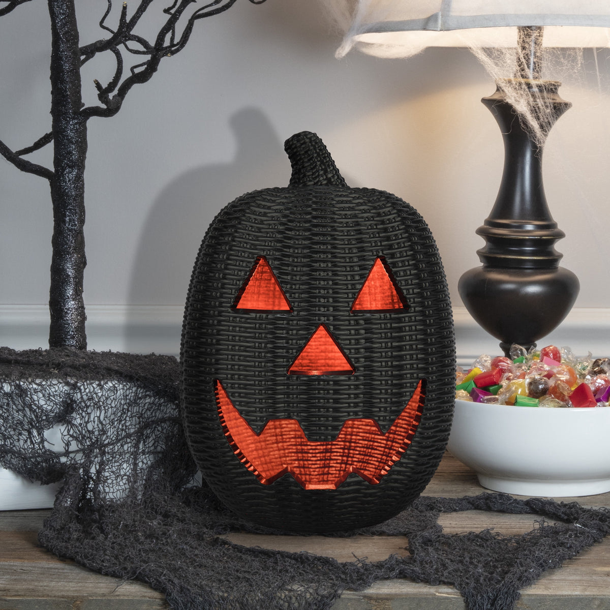 Light-Up Woven Jack-o'-Lantern Decoration, Black, 12", Halloween by Way To Celebrate