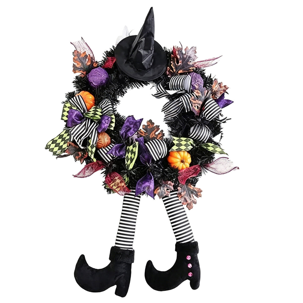 Halloween Decoration Indoor Outdoor Clearance, Halloween Witch Wreath For Front Door Decor Black Witch Hat Leg Artificial Fall Wreath With Pumpkin Bowknot Spooky Halloween Hanging Ornament