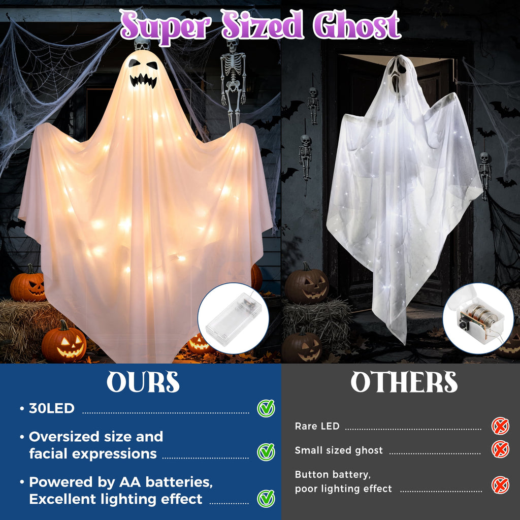 Scidweet Halloween Ghost Decor, 2 Pack 48" Light up Hanging Halloween Ghosts Blue LED Light Yard Garden Porch Outdoor Decorations