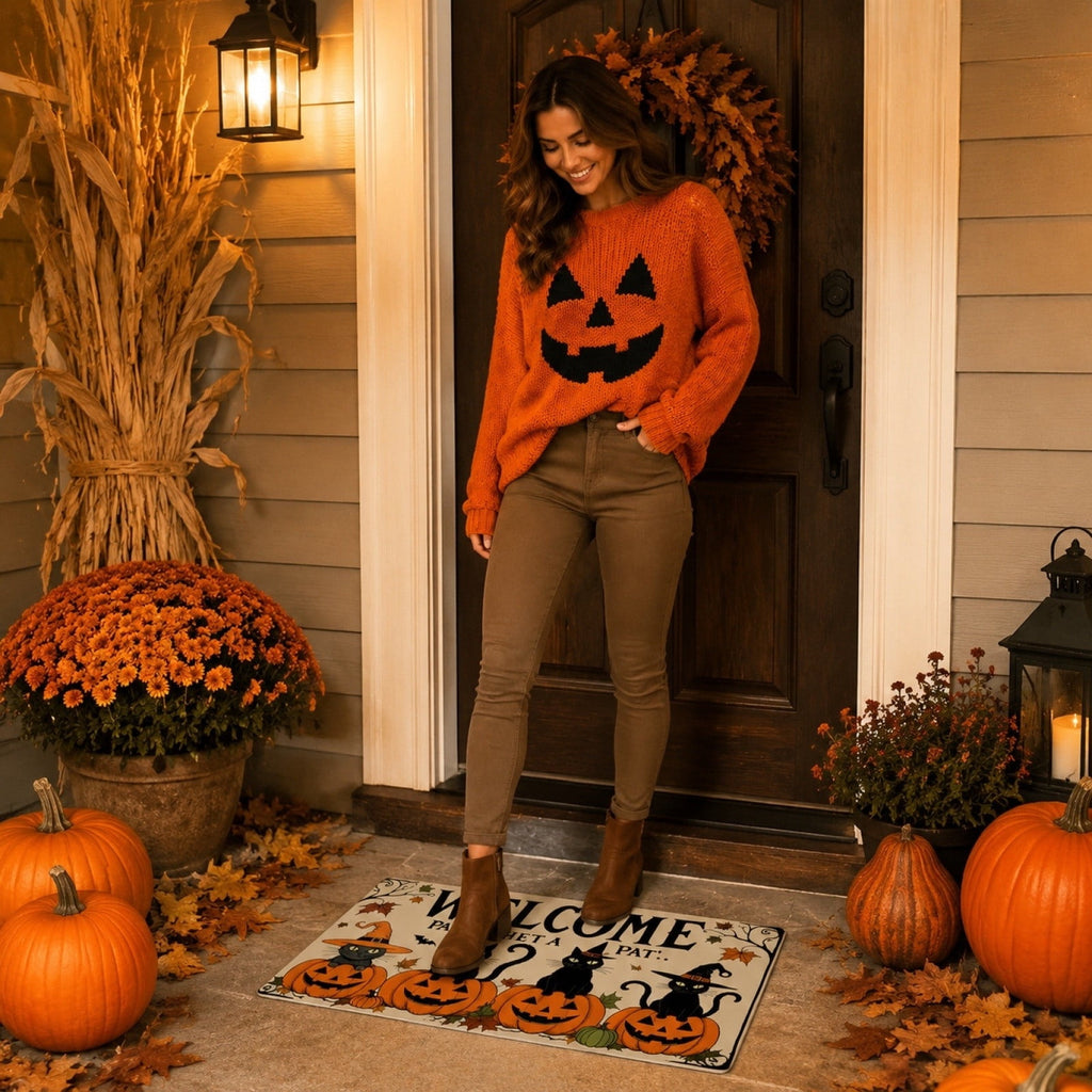 Halloween Dog Door Mat 16x24", Golden Retriever Ghost Pumpkin Welcome Rug for Porch, Halloween Outdoor Decorations