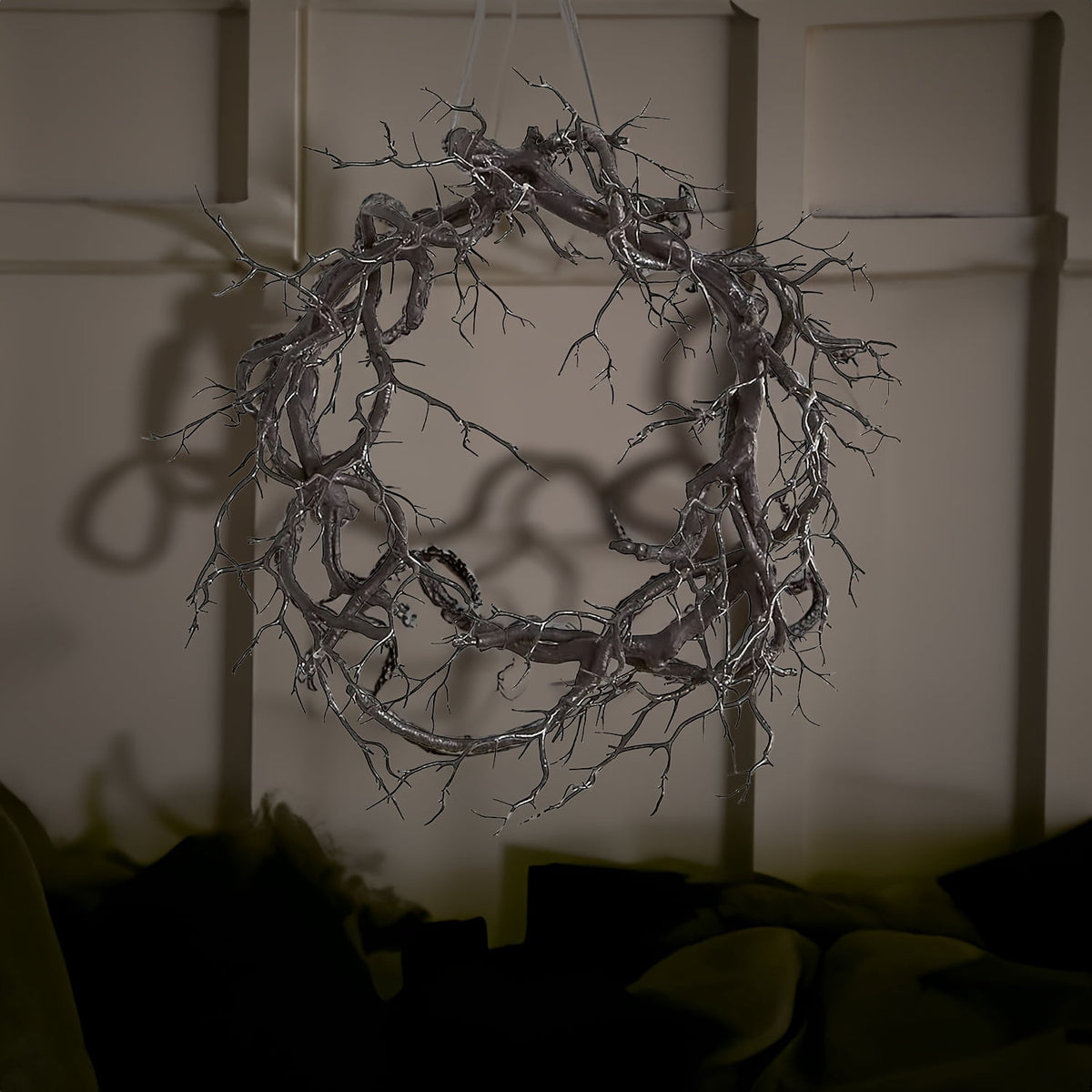 1pc Art Deco Style Halloween Wreath, 16.92-Inch Pre-Lit Black with Glittering Accents, Dead Branches, Festive Fall Home Window Wall Decor for Halloween