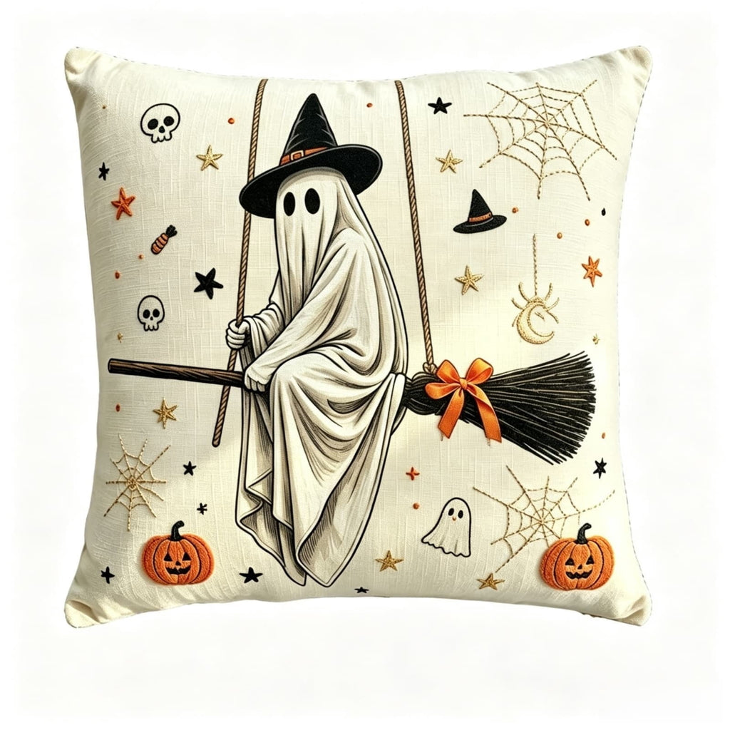 Cute Reading Ghost Plush Throw Pillow, Halloween Book & Pumpkin Bucket Ghost Stuffed Cushion, Spooky Season Decorative Pillow, for Sofa, Bedroom, Party Decor
