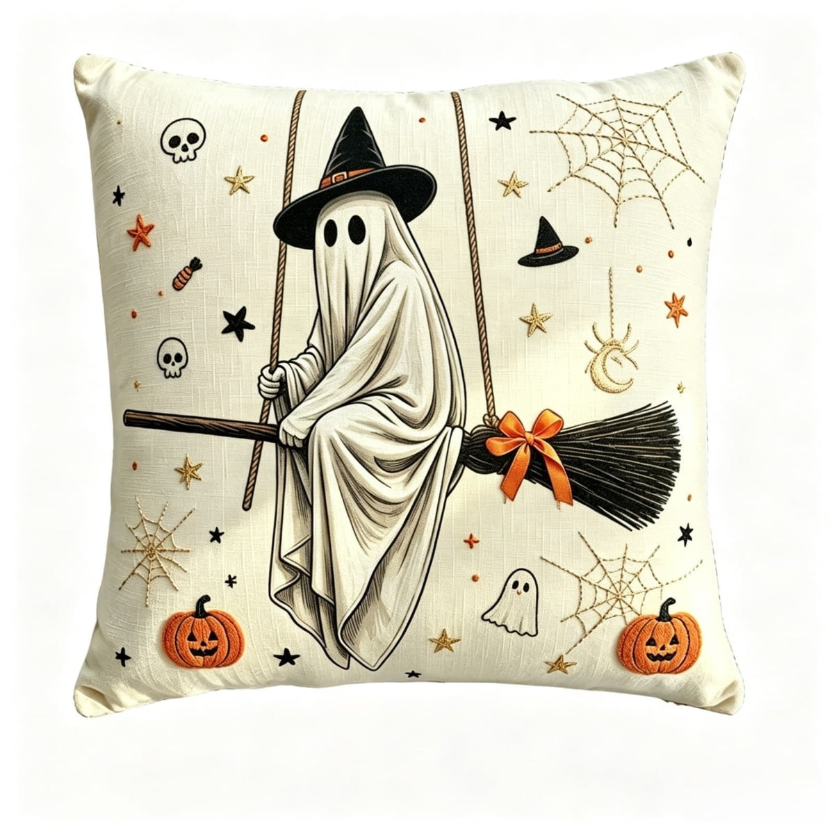 Cute Reading Ghost Plush Throw Pillow, Halloween Book & Pumpkin Bucket Ghost Stuffed Cushion, Spooky Season Decorative Pillow, for Sofa, Bedroom, Party Decor