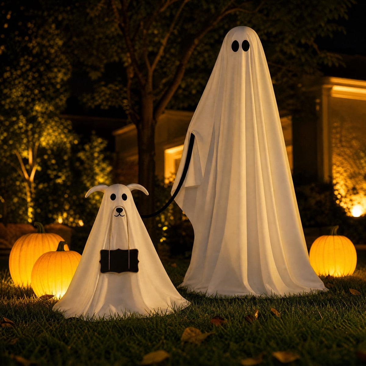 Light Up 2.1 Ft Ghost Walking Dog 2 Pcs, Halloween Ghost Decoration, Adjustable Standing Porch Yard Lawn Decor, Modern Farmhouse Halloween Yard Decor (A)