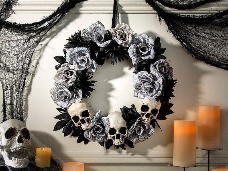 17 1/2" X 17 1/2" White Roses Wreath With Skulls Halloween Decoration