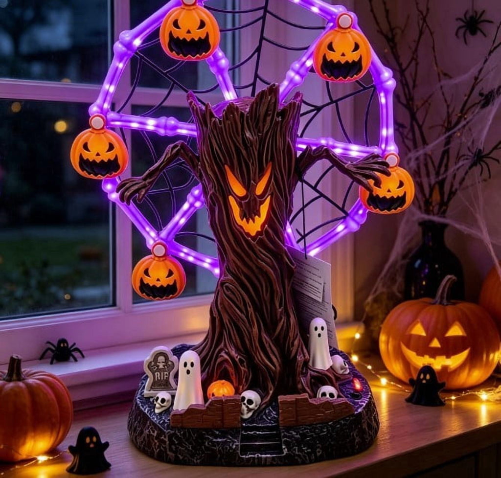 Animated Halloween Ferris Wheel Tabletop Decor - Light Up Spooky Tree with Purple LED, Moving Skeletons and Cauldrons, Haunted Graveyard Scene Centerpiece