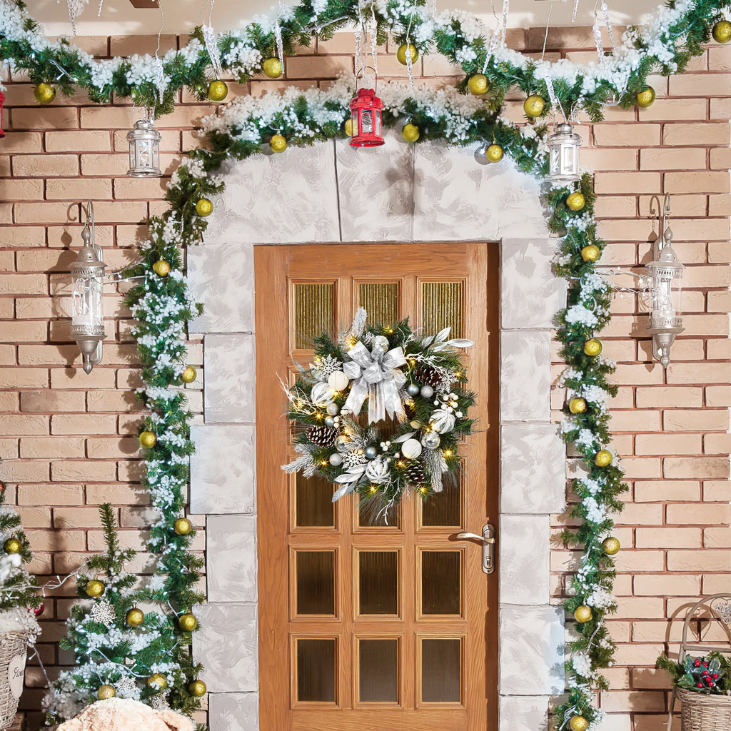 JoanKaren 24 inch Large Christmas Wreath Silver White with 20 LED Lights,Prelit Xmas Wreath w/ Ball Ornaments Pine Cone