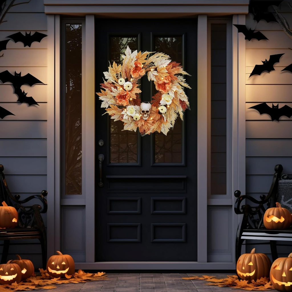 HELLONE 22 Inch Halloween Wreath for Front Door, Halloween Skull Wreath with Lights White Pumpkins Roses, Halloween Decorations Fall Maple Leaves Wreath for Porch Window Indoor Outdoor Decor