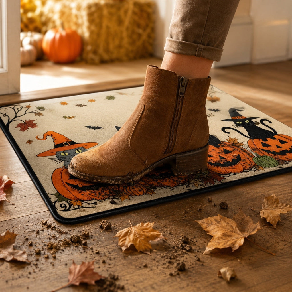 Halloween Dog Door Mat 16x24", Golden Retriever Ghost Pumpkin Welcome Rug for Porch, Halloween Outdoor Decorations
