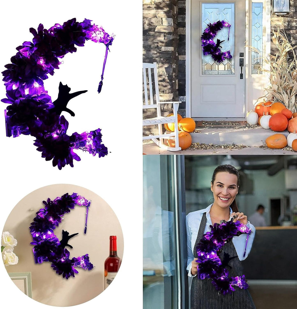 Wiher Halloween Wreaths Decor with Lights for Front Door, 13.77" Halloween Moon Wreath with Black Cat Wood Wreath Halloween Wreath Horror Decorations for Home Party Window Wall Indoor Outdoor B