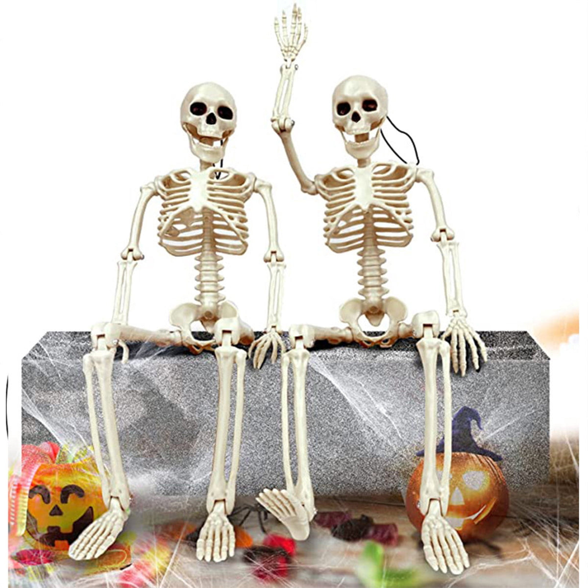 Beautynvta Posable Halloween Skeletons Decor, 15''x4.7'' Small Hanging Skeleton with Movable Joints for Halloween Decorations, Graveyard Props