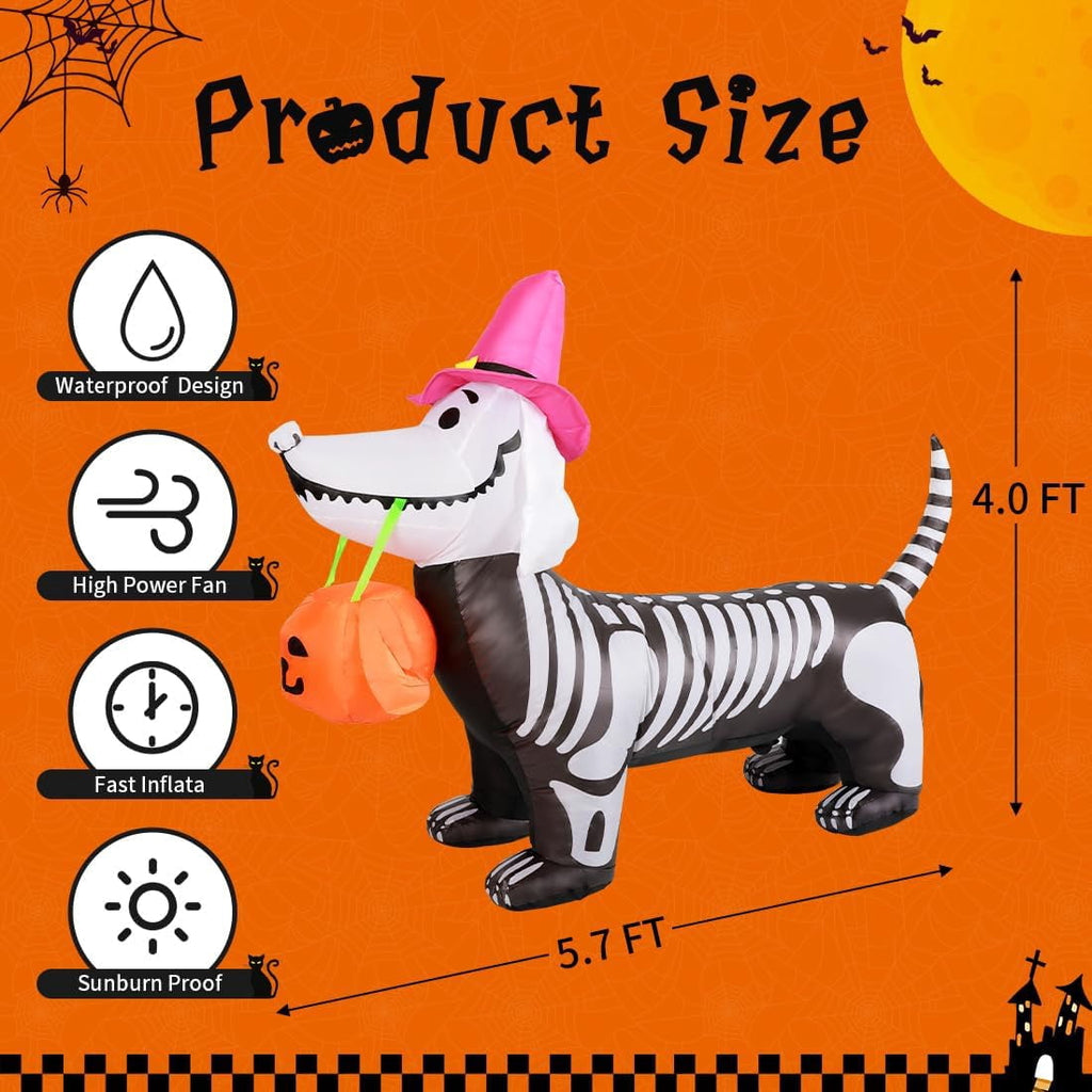 GOOSH Halloween Inflatables 5.7 FT Halloween Inflatable Dog with Build-in LEDs, Inflatable Skeleton Dachshund Dog Halloween Skeleton Puppy Inflatable, Outdoor Halloween Decorations for Holiday Party