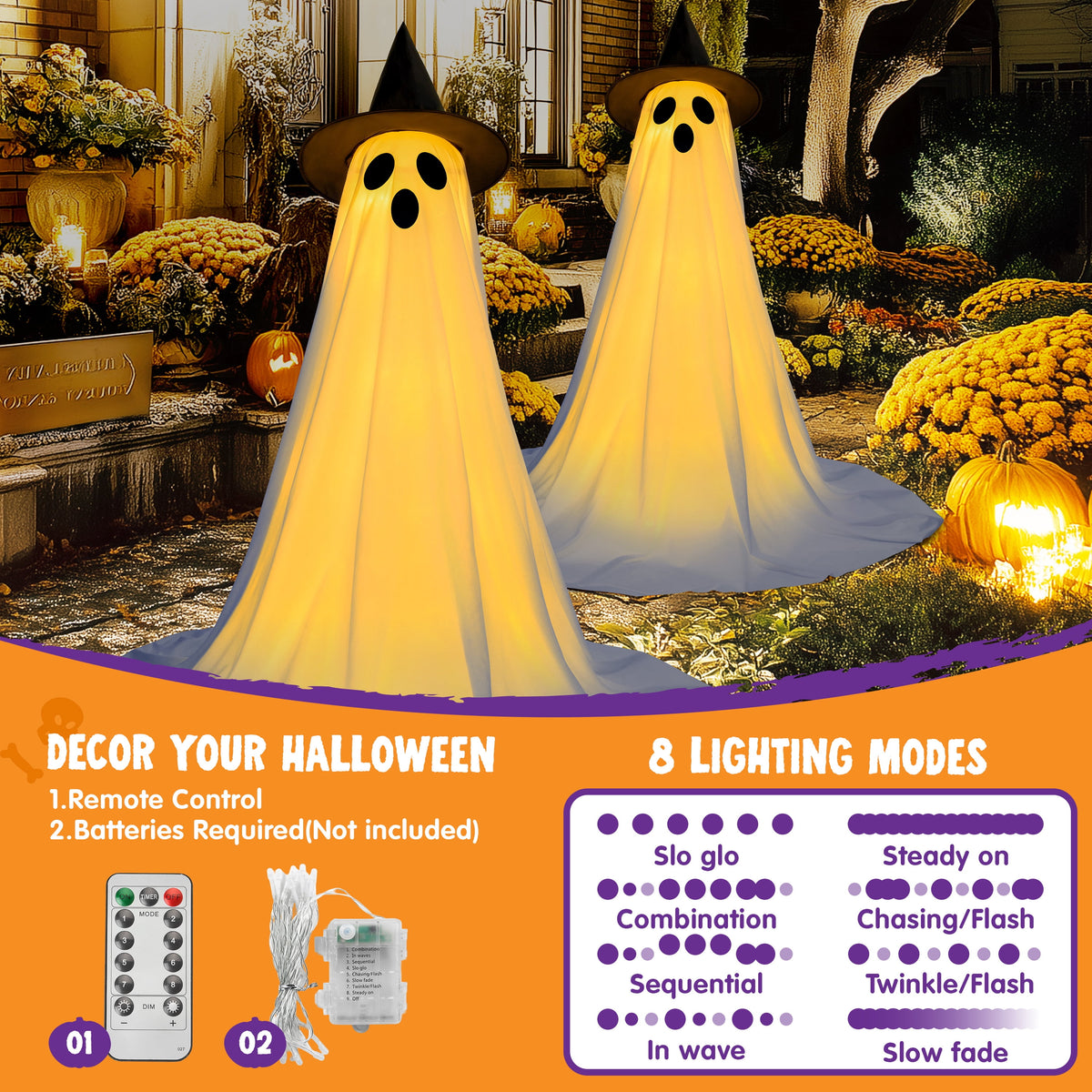 Joyfy 47"Cute Ghost Dog Halloween Decoration Outdoor, Reusable Spooky Standing Dog with Stakes, Soft White Light LED & 6 Hours ON + 18 Hours OFF Timer, Adorable Halloween Decor for Front Porch Yard