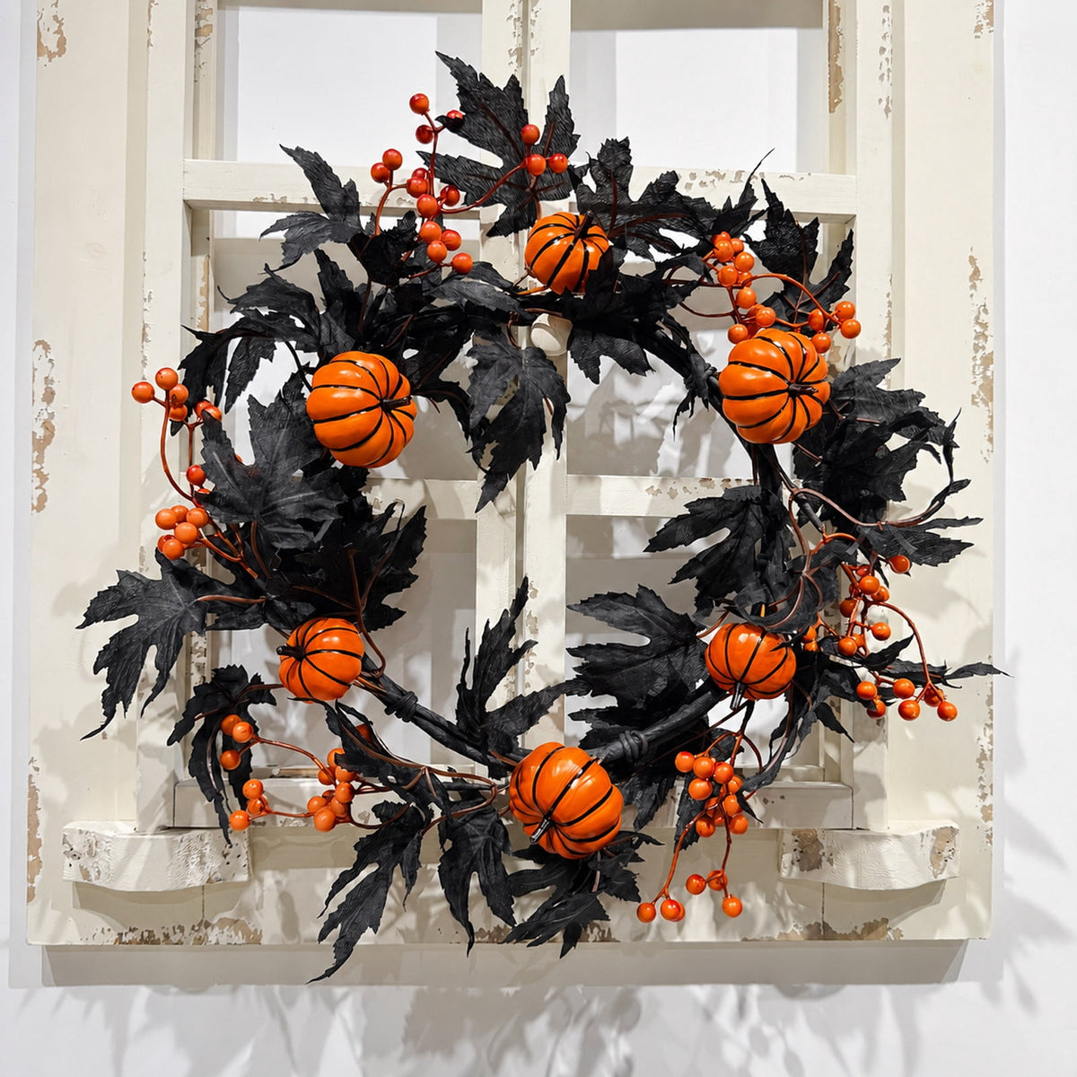 Gcvizuso Halloween Crescent Floral Wreath, Orange Red Rose Hydrangea Fall Front Door Decor for Autumn Harvest Celebration