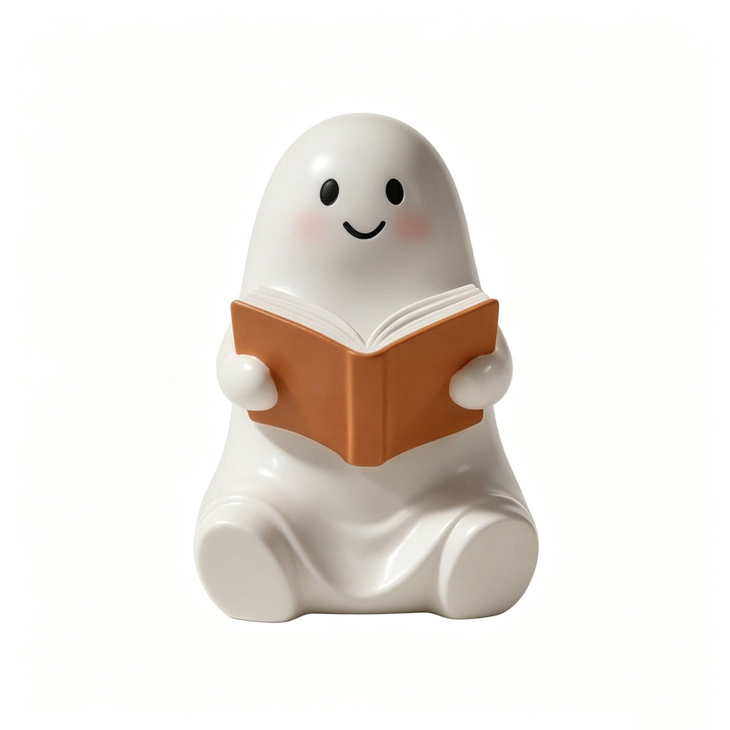 Halloween Ghost Figurine, Ghost Girl with Pink Bow & Hot Drink, Funny Ghost Statue Halloween Decor for Gift, Cute Spooky Tabletop Ornament for Home, Mantle, Desk & Party Decoration
