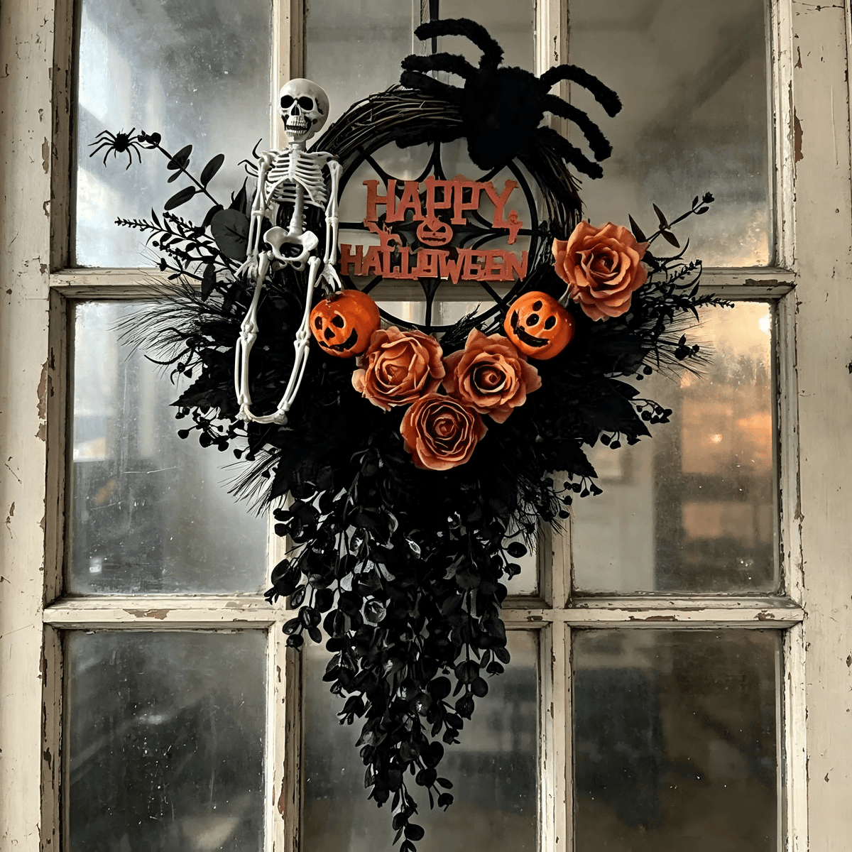 Halloween Wreaths for Front Door 26" Halloween Swag Hanging Window Door Decoration with with Skeleton and Spider Halloween Indoor Decoration for Fall Halloween Thanksgiving