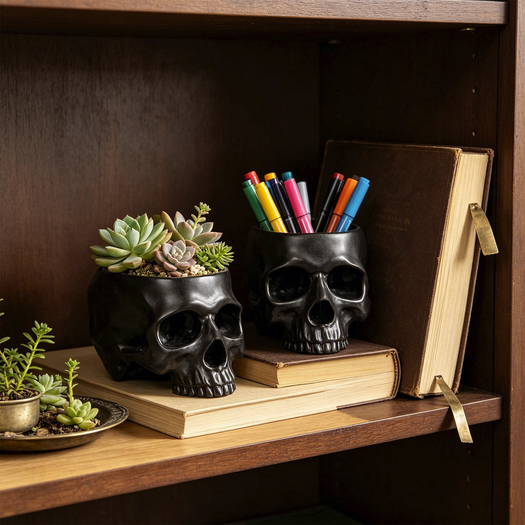 AuroraX Halloween Skeleton Head Plantser Halloween Resin Skull Flower Pot Indoor Spooky Cactus Candy Halloween Desk Decoration Black