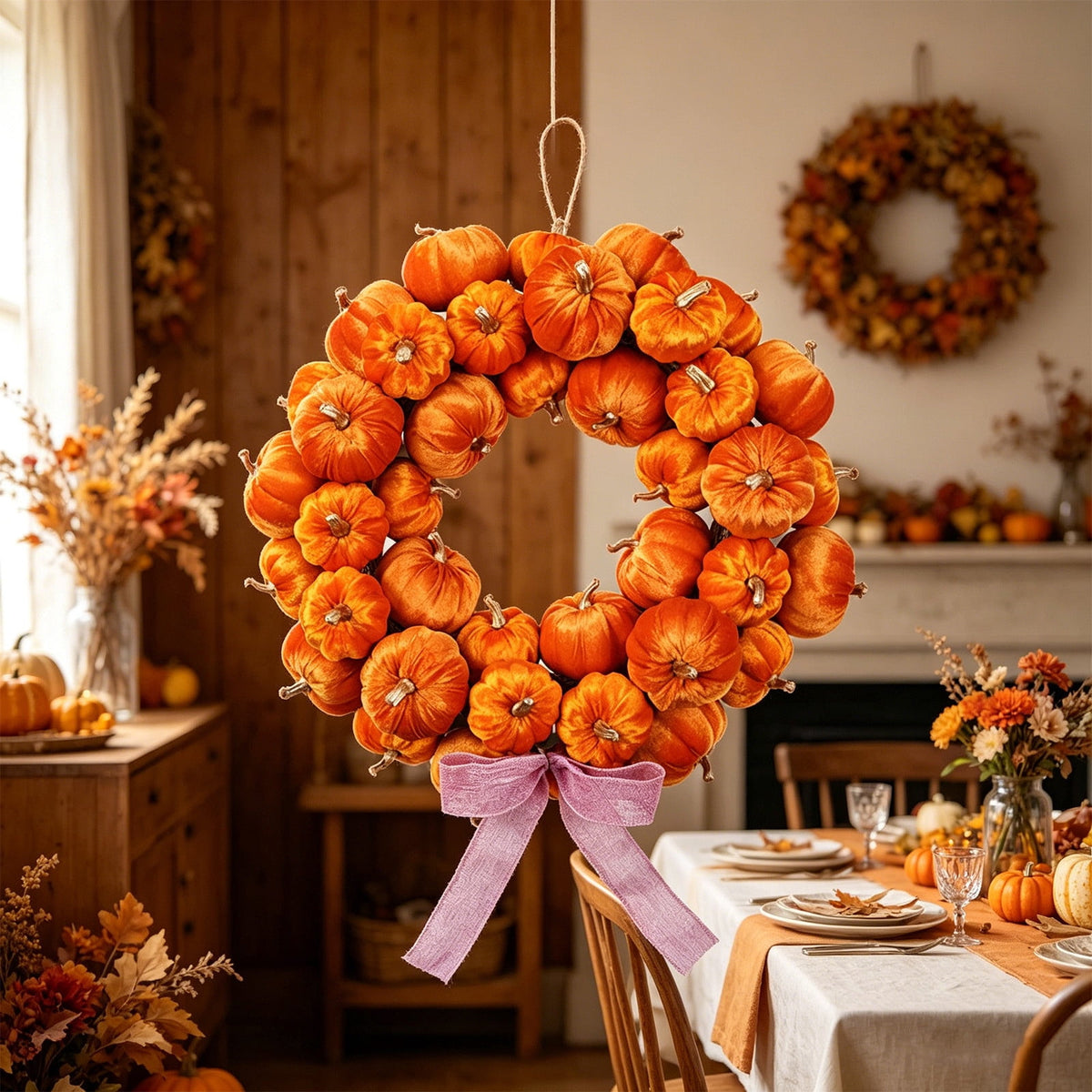 Deeceymbur Artificial Fall Pumpkin Wreath with Bow Harvest Front Door Halloween Thanksgiving Wall Decor